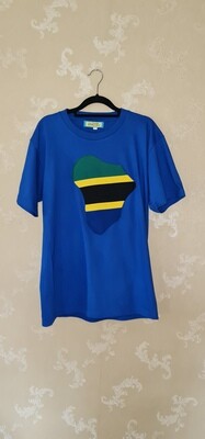 African Print T-Shirt - Tanzania Colours - Blue - Size Medium