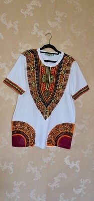 African Print T-Shirt - Dashiki - White - Size Large