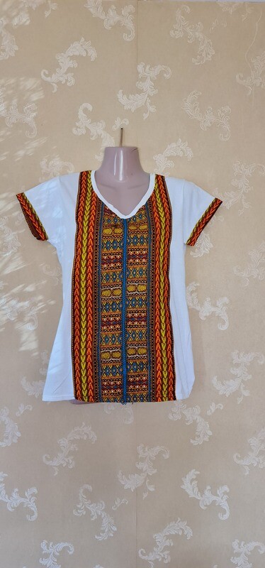 African Print T-Shirt - White Mix - Size Medium