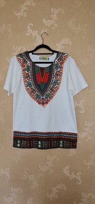 African Print T-Shirt - White Mix - Size Medium