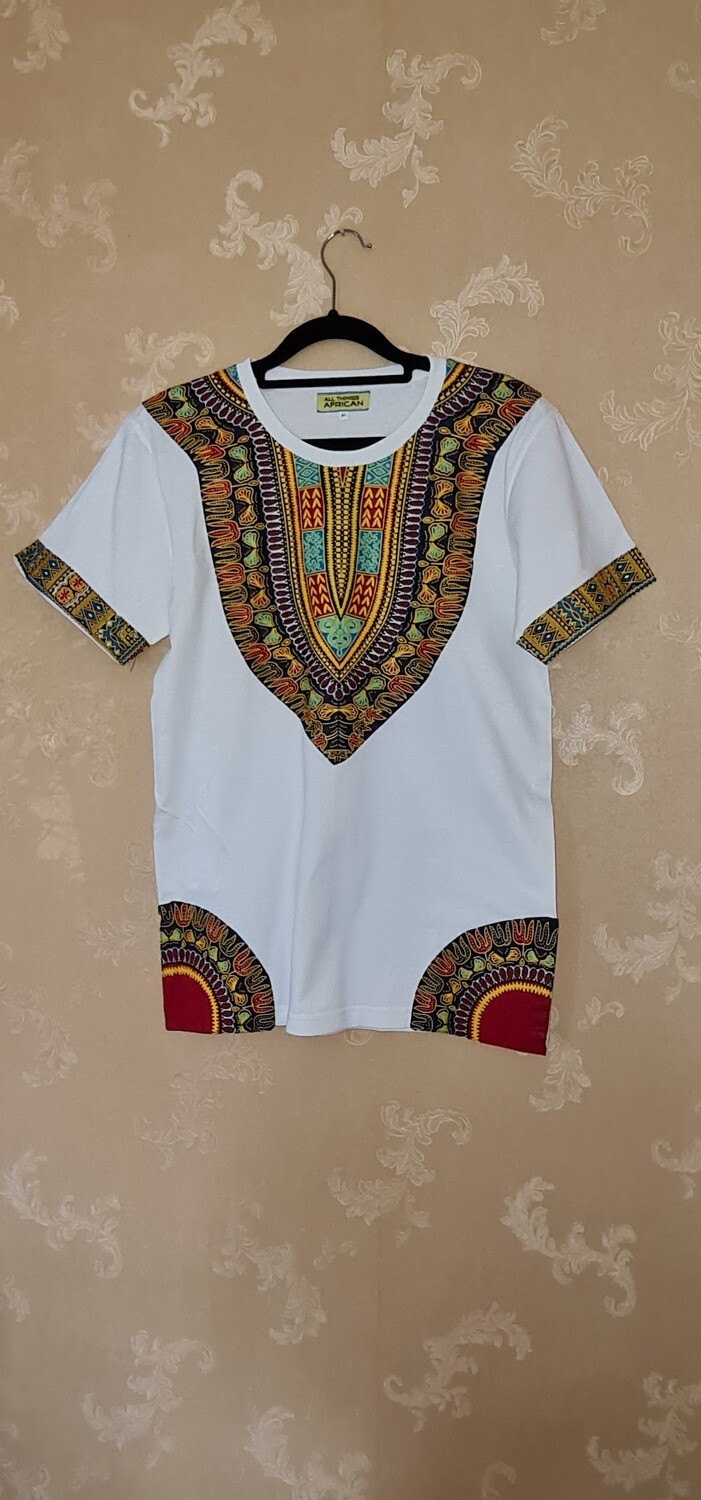 African Print T-Shirt - White Mix with Maroon - Size Medium