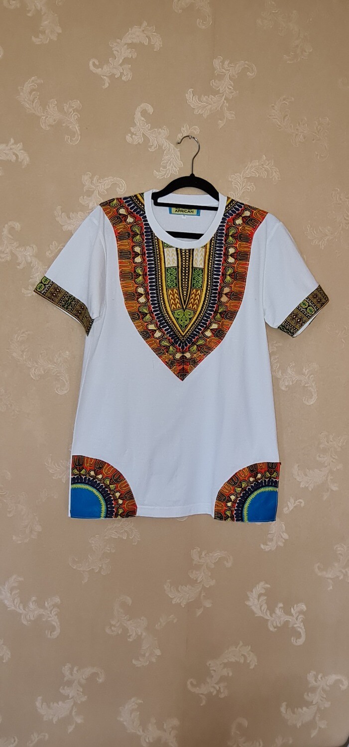 African Print T-Shirt - White Mix with blue - Size Medium