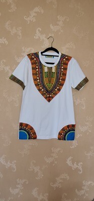 African Print T-Shirt - White Mix - Size Medium