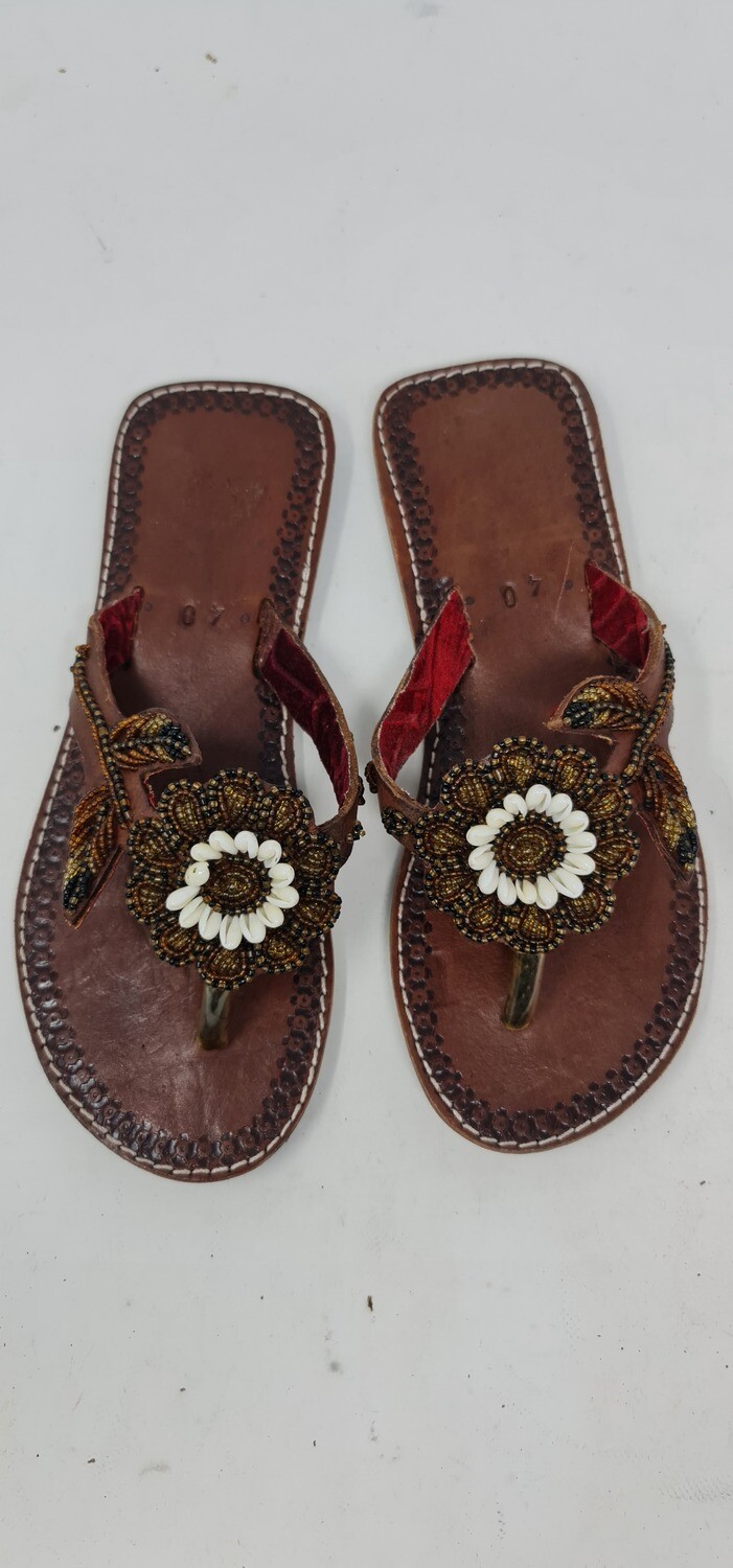 Unique Hand Beaded Floral Pattern Leather Sandals