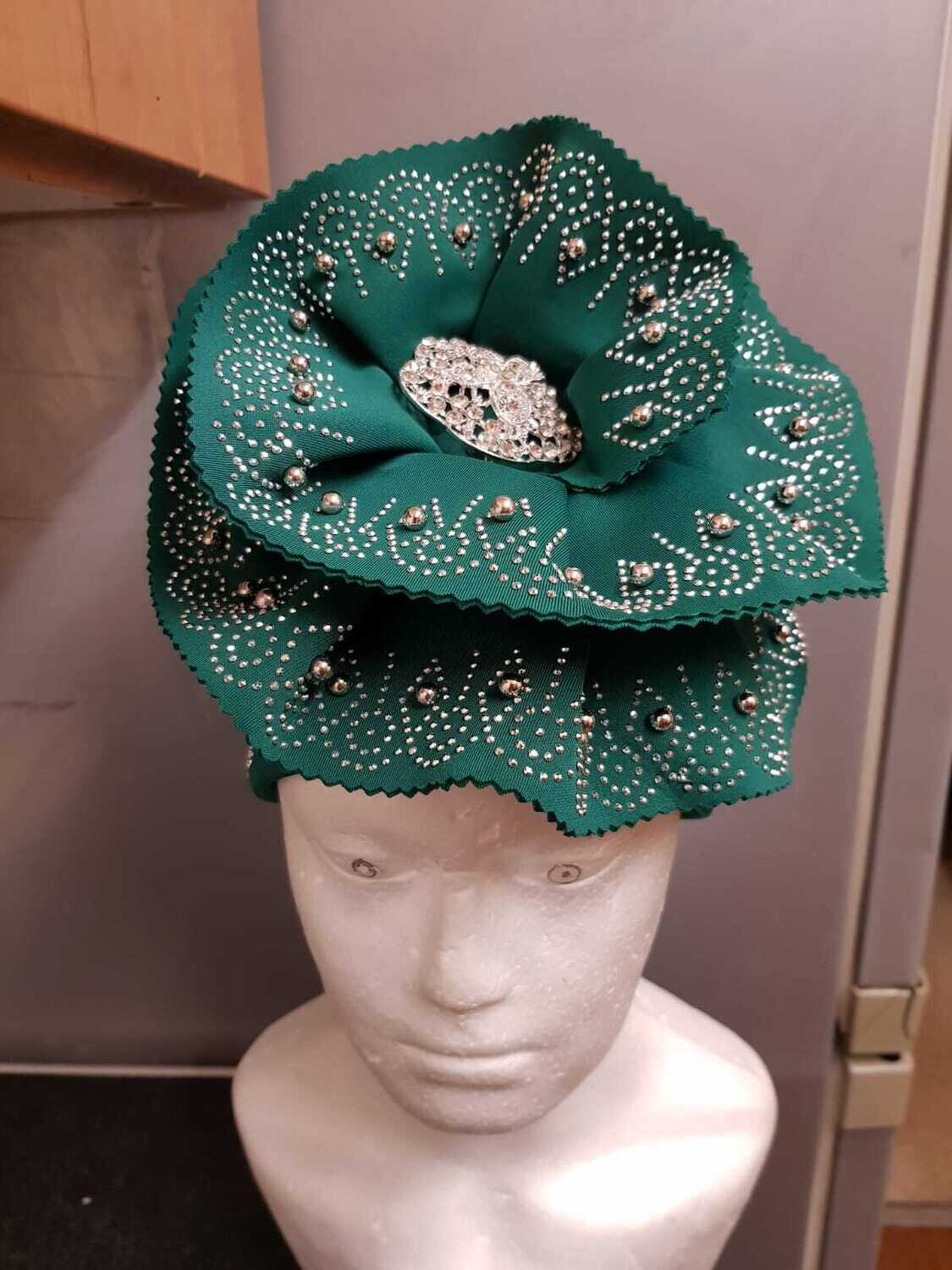African Flower Knot Pre-Tied Bonnet Beanie Cap Headwrap - Green