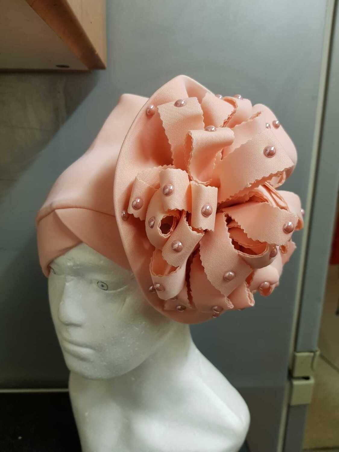 African Flower Knot Pre-Tied Bonnet Beanie Cap Headwrap - Salmon Pink