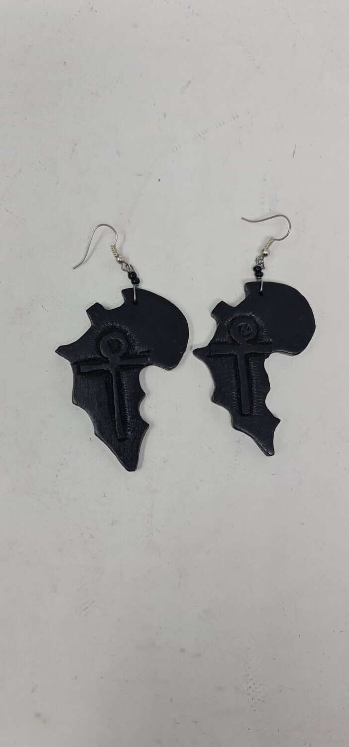 Ebony Wood Earrings - Handcrafted - Map of Africa Ankh
