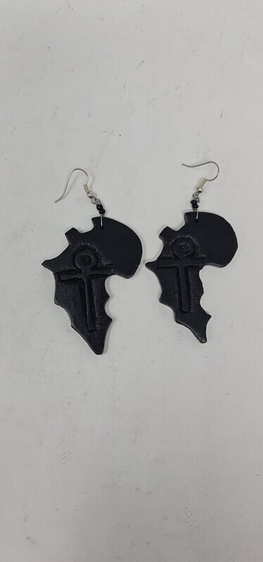 Ebony Wood Earrings - Handcrafted - Map of Africa Ankh