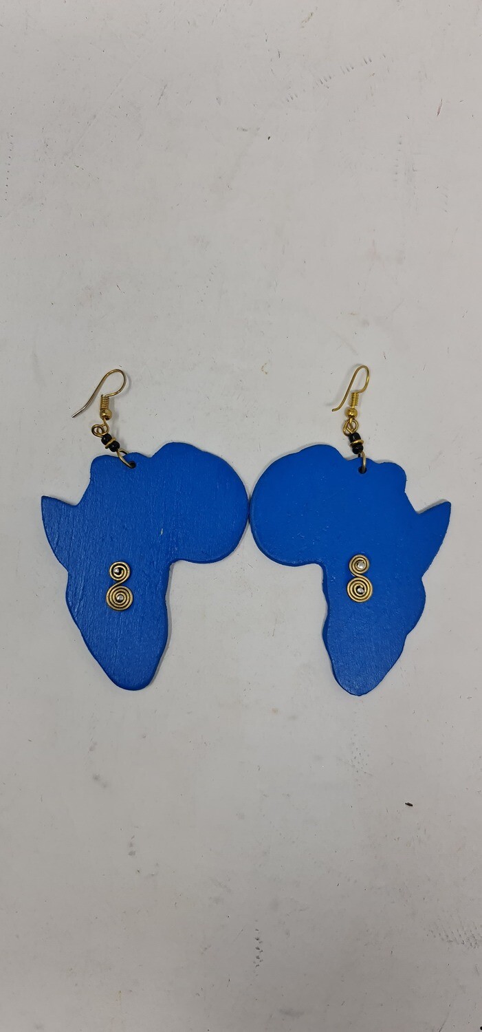 Wooden Africa Map Earrings - Size 8cm - Blue