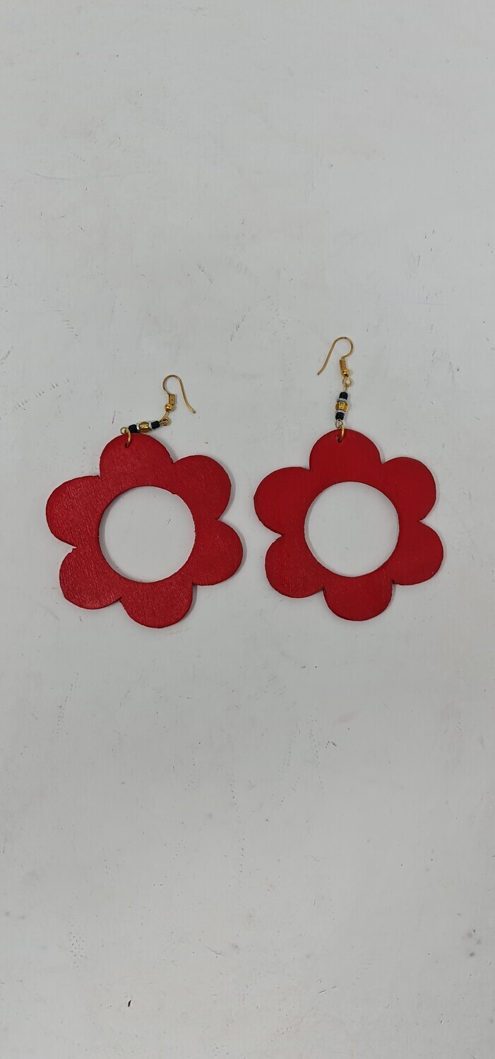 Hand Carved Wooden Earrings - Flower - Red - 10cm