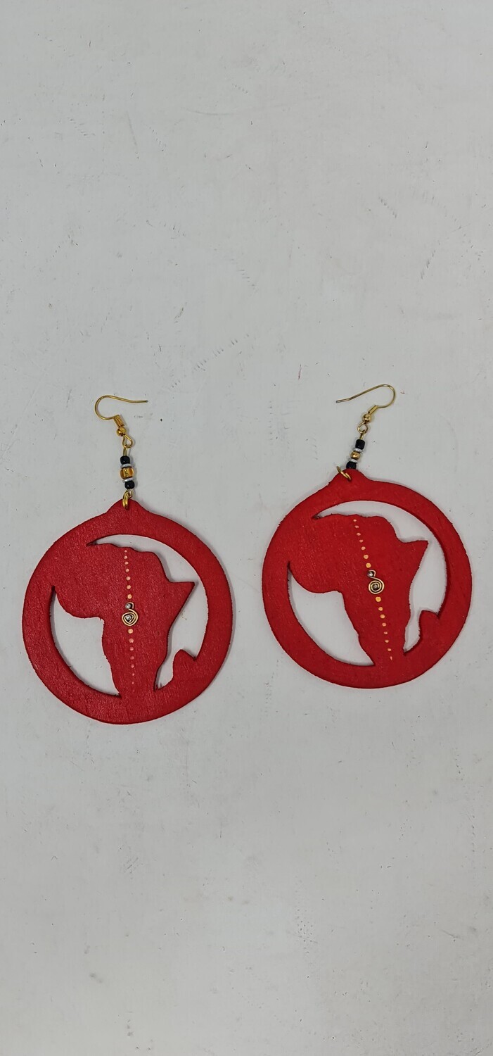 Wooden Africa Map Earrings - Size 10cm - Red