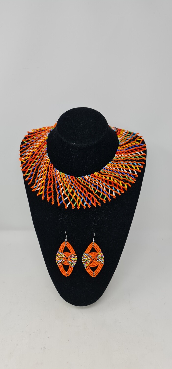 Handbeaded Necklace and Earrings Gift Set - Orange Mix