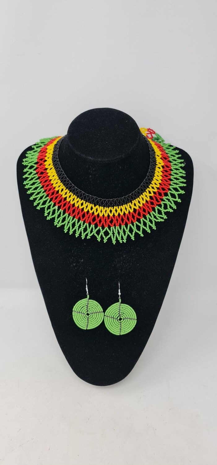 Handbeaded Necklace and Earrings Gift Set - Rasta Mix