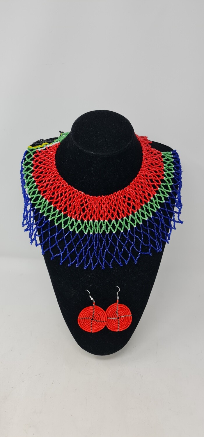 Handbeaded Necklace and Earrings Gift Set - Red, Green and Blue