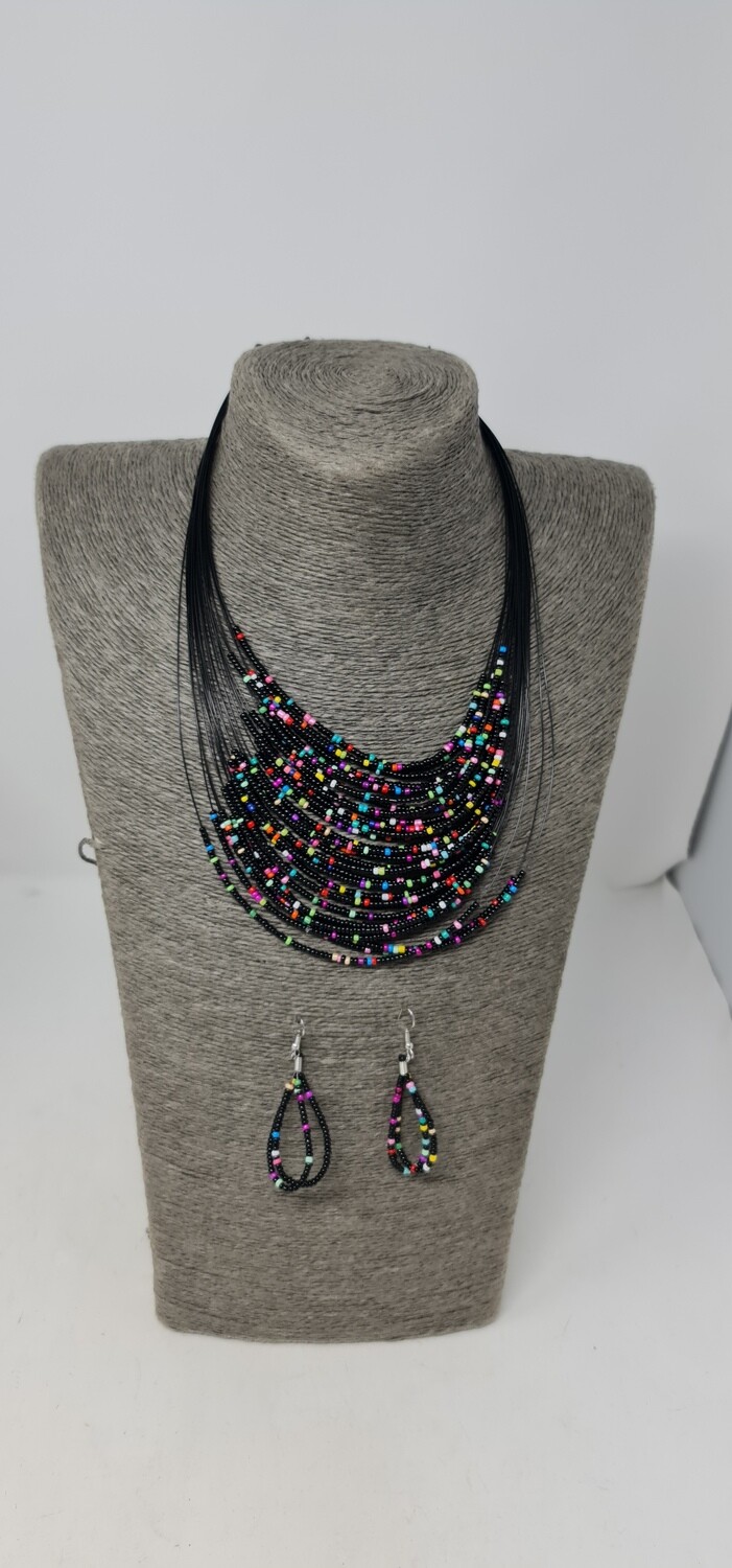 Handbeaded Necklace and Earrings - Leah Collection - Black Mix