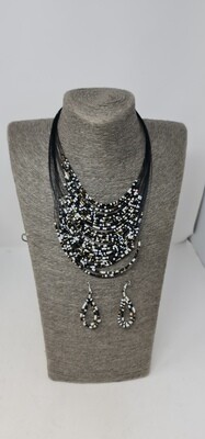Handbeaded Necklace and Earrings - Leah Collection - Black and White Mix