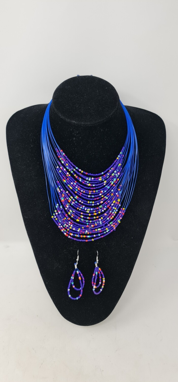 Handbeaded Necklace and Earrings - Leah Collection - Royal Blue Mix