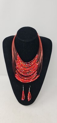 Handbeaded Necklace and Earrings - Leah Collection - Red Mix