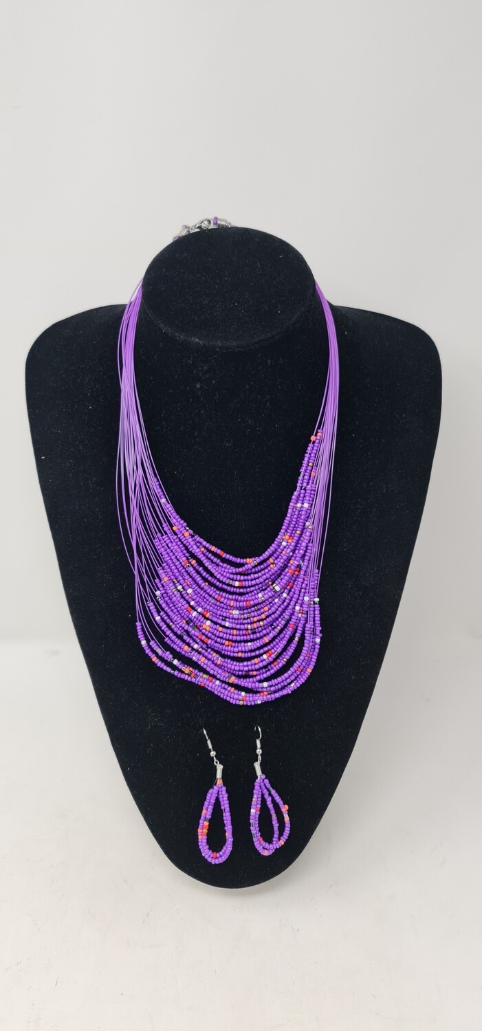 Handbeaded Necklace and Earrings - Leah Collection - Light Purple Mix