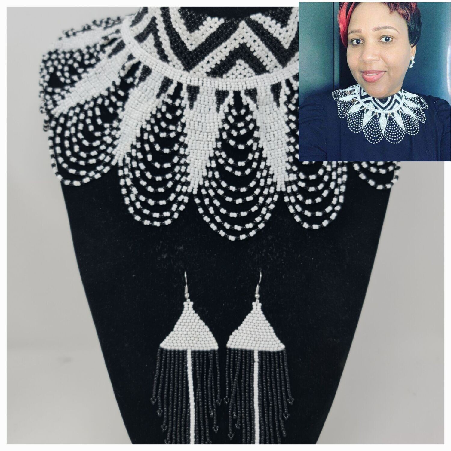 Handbeaded Necklace with Matching Earrings - White and Black