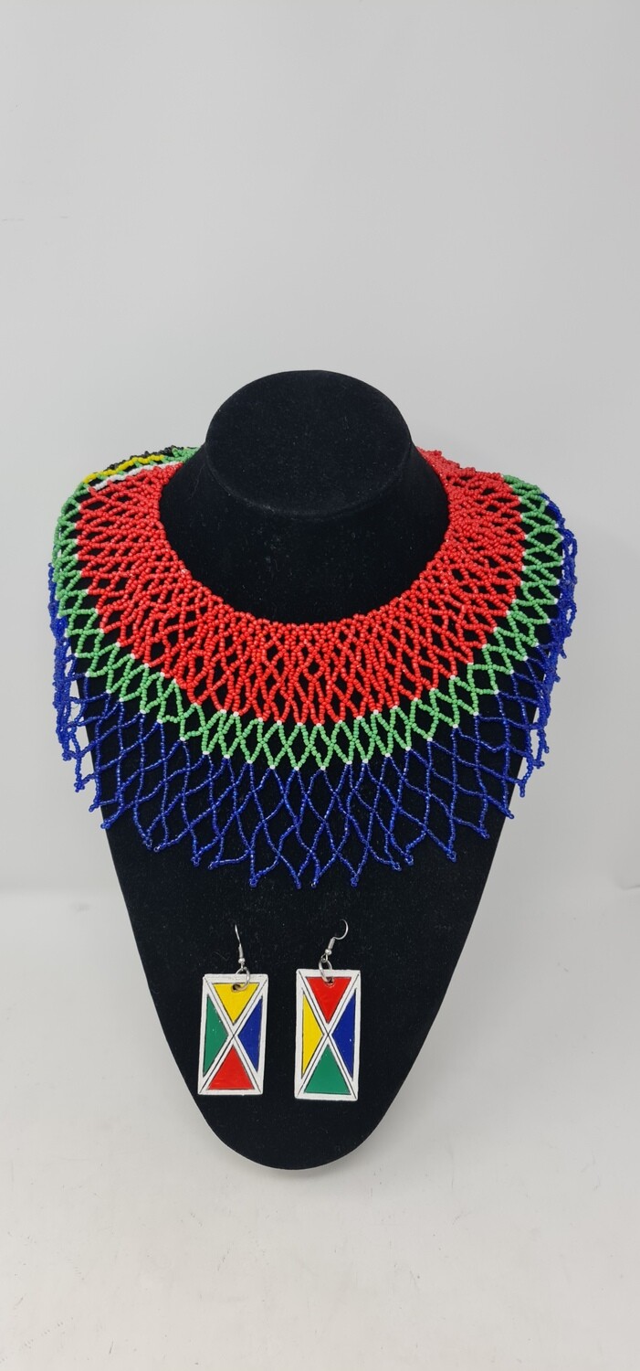 Handbeaded Necklace with Matching Earrings - South Africa Flag Colours