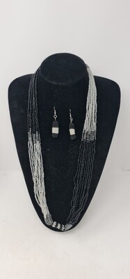 Handbeaded Necklace with Matching Earrings - Silver and Black