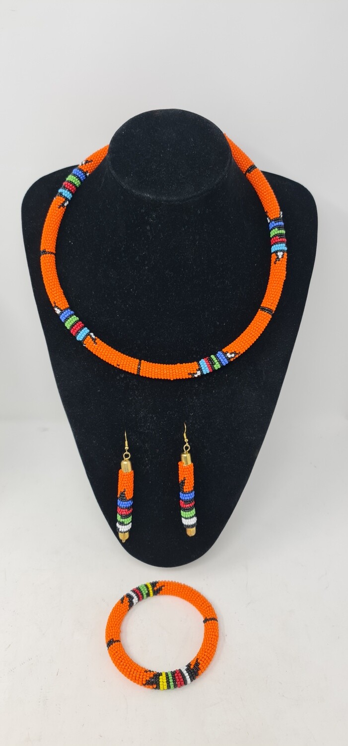 Handbeaded Headress Necklace Set with Earrings and a Bangle - Orange