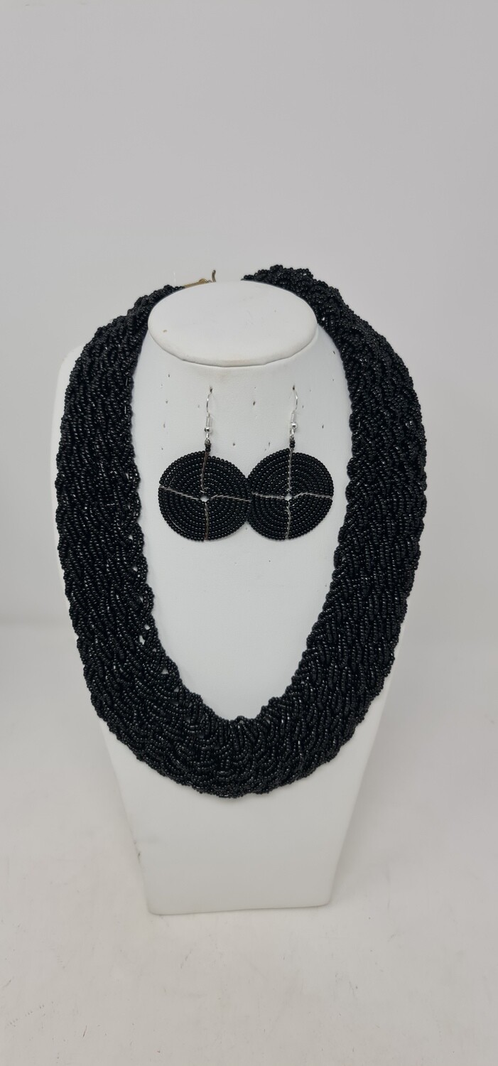 Handbeaded Necklace with Matching Earrings - Black