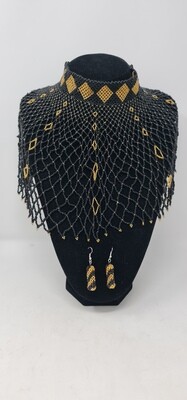 Handbeaded Necklace with Matching Earrings - Gold and Black
