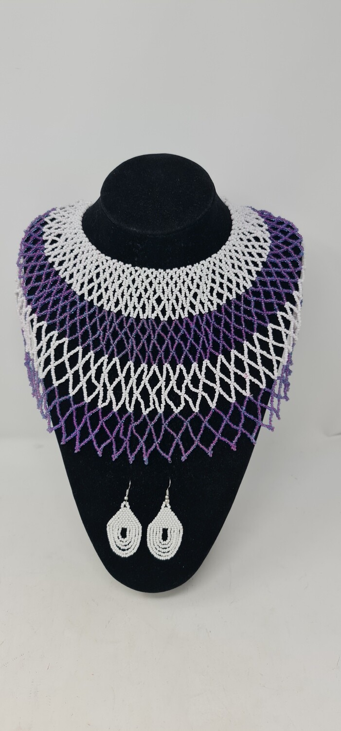 Handbeaded Necklace with Matching Earrings - Light Purple and White