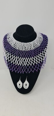 Handbeaded Necklace with Matching Earrings - Light Purple and White