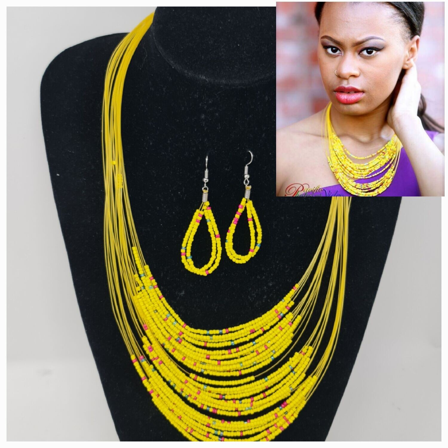Handbeaded Necklace and Earrings - Leah Collection - Yellow