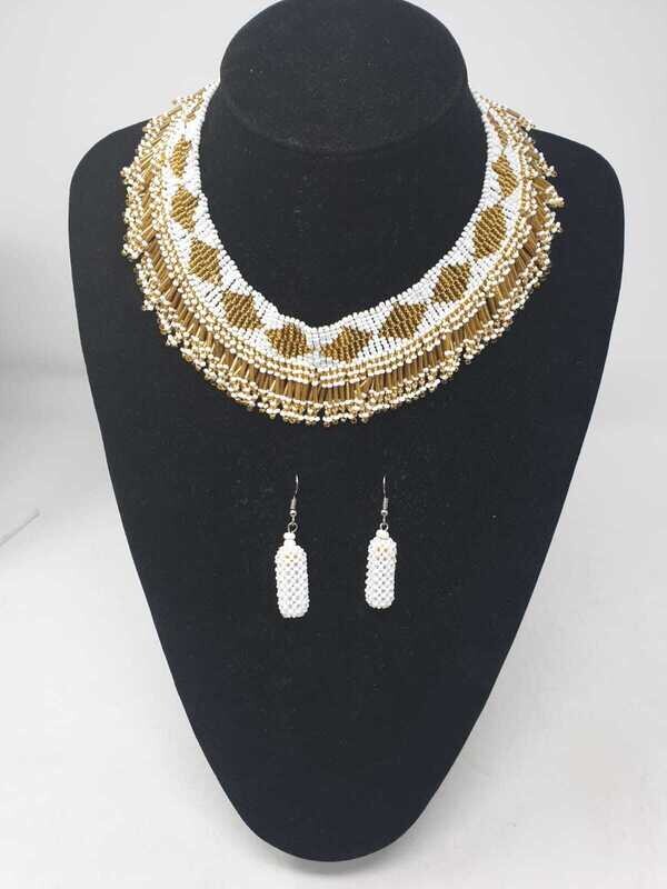 Handbeaded Necklace with Matching Earrings - Gold and White