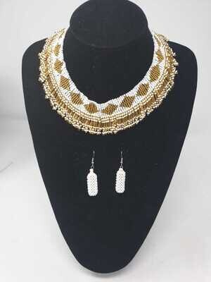 Handbeaded Necklace with Matching Earrings - Gold and White