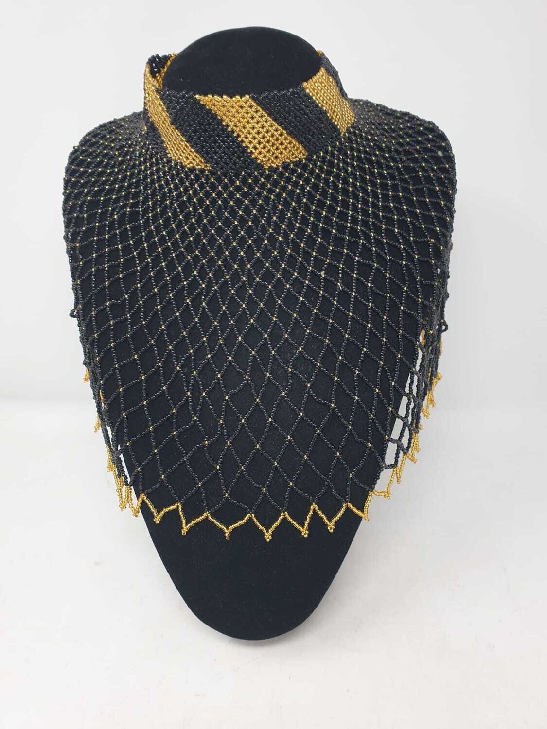 Statement Handbeaded Necklace - Black and Gold