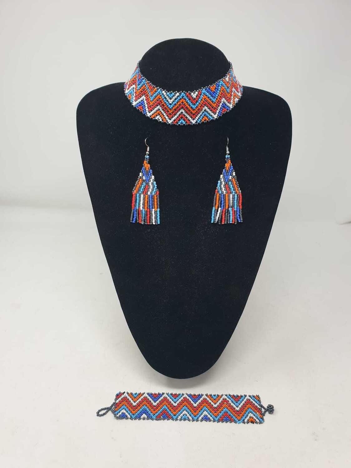 Handbeaded Choker and Necklace with Matching Earrings - Zig Zag