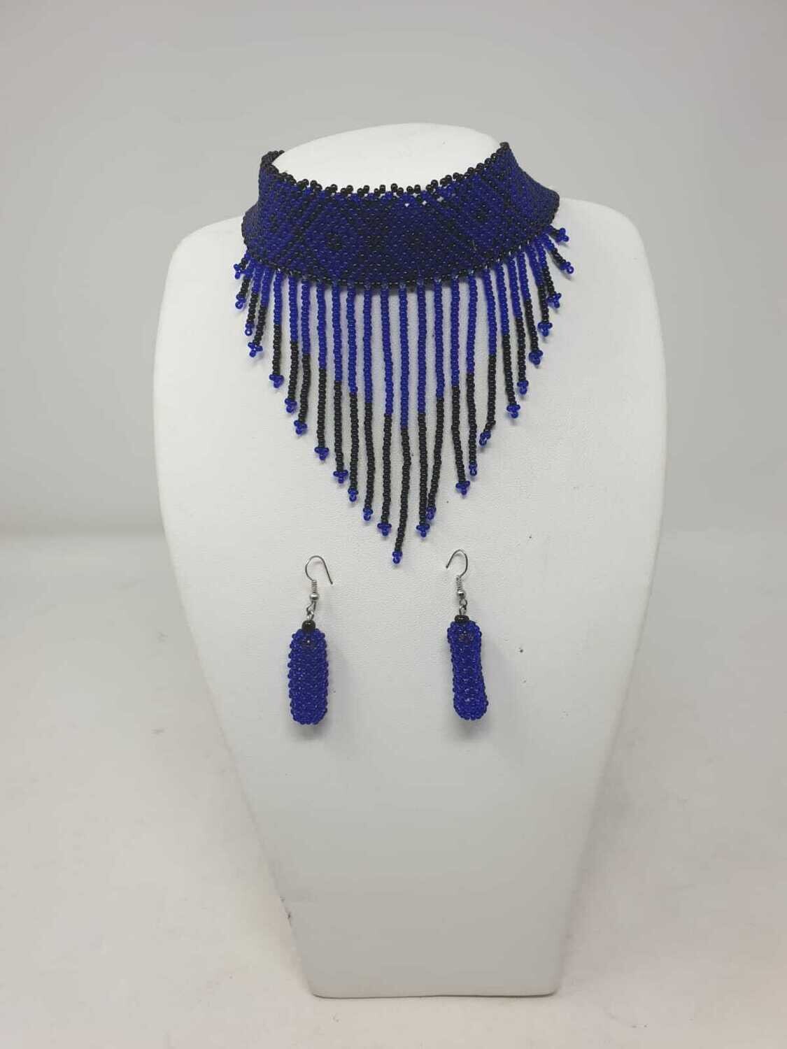 Handbeaded Necklace with Matching Earrings - Royal Blue and Black