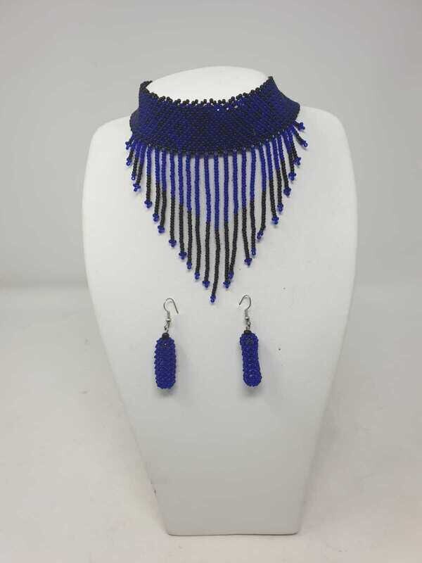 Handbeaded Necklace with Matching Earrings - Royal Blue and Black