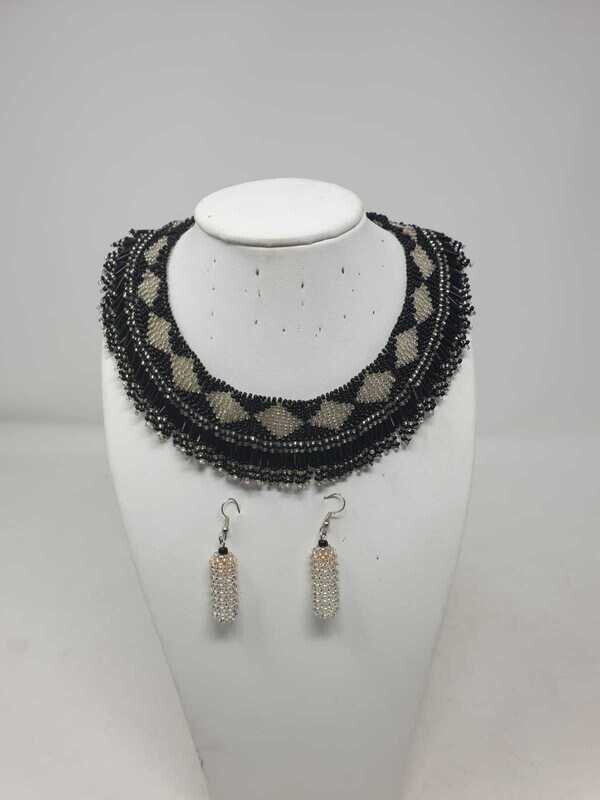 Handbeaded Necklace with Matching Earrings - Black and Silver
