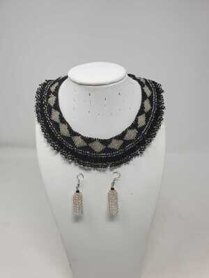 Handbeaded Necklace with Matching Earrings - Black and Silver