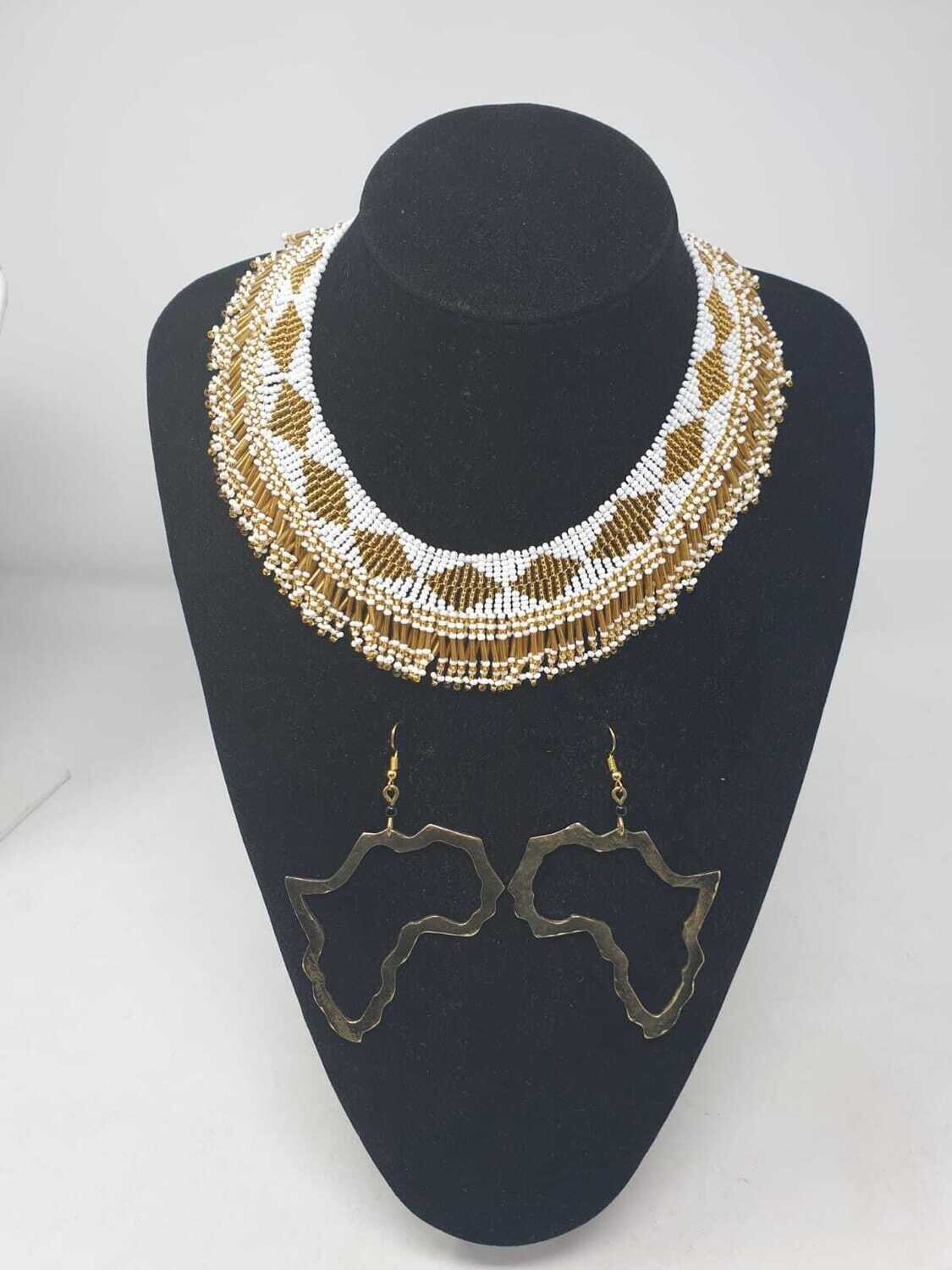 Handbeaded Necklace with Matching Earrings - Gold and White