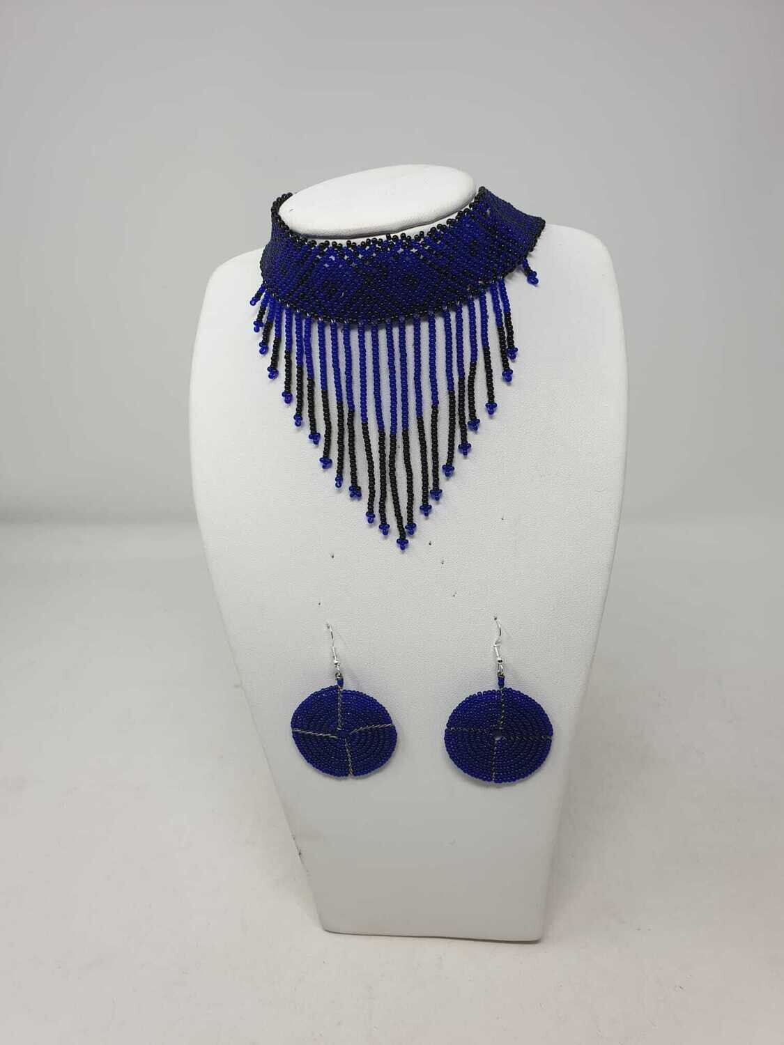 Handbeaded Necklace with Matching Earrings - Black and Royal Blue
