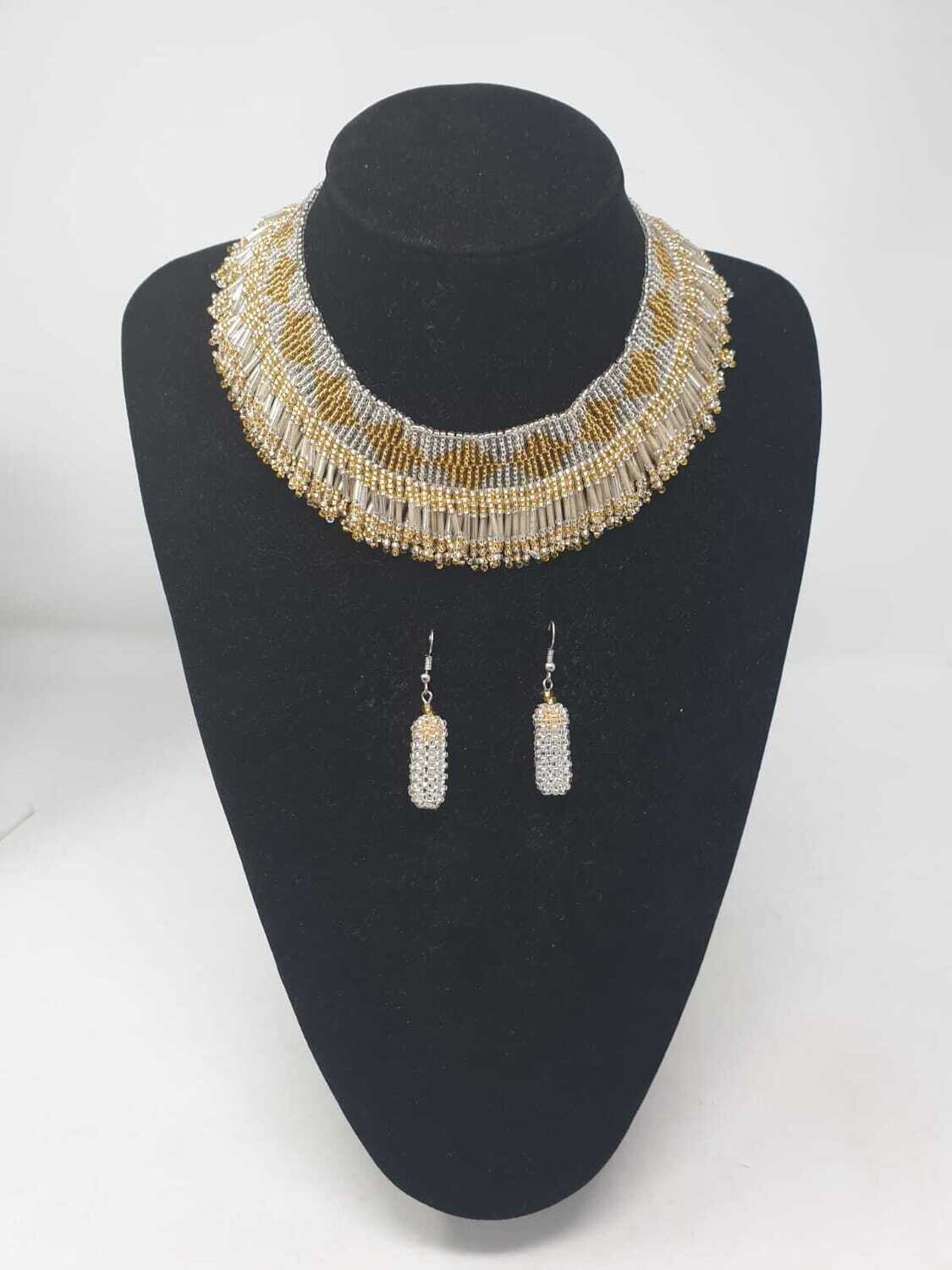 Handbeaded Necklace with Matching Earrings - Gold and Silver