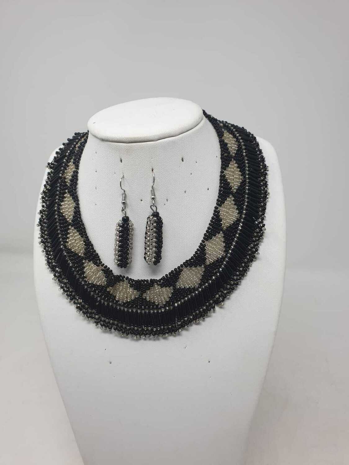 Handbeaded Necklace with Matching Earrings - Black and Silver