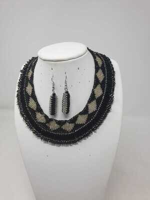 Handbeaded Necklace with Matching Earrings - Black and Silver