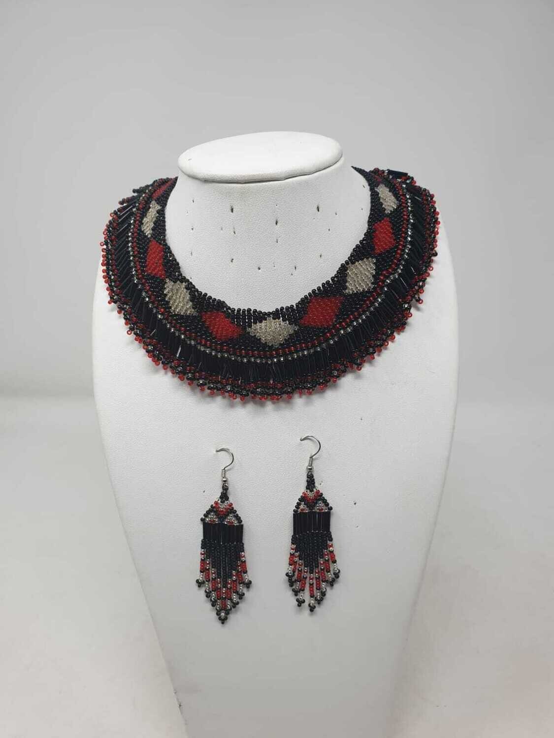 Handbeaded Necklace with Matching Earrings - Black, Red and Silver