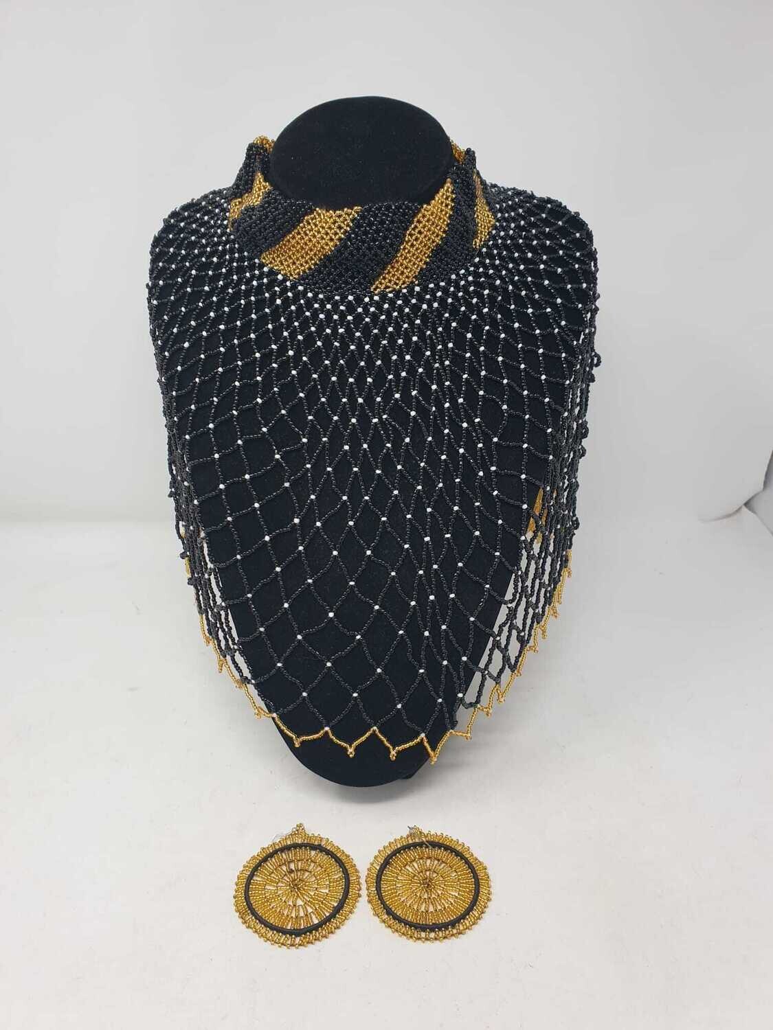 Handbeaded Necklace with Matching Earrings - Black and Gold