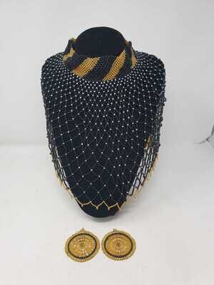 Handbeaded Necklace with Matching Earrings - Black and Gold
