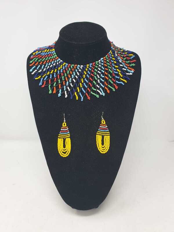 Handbeaded Necklace with Matching Earrings - Yellow Mix