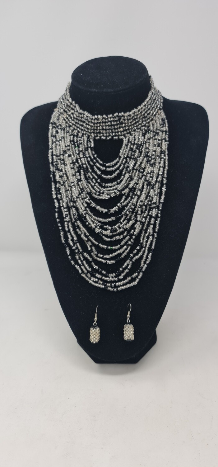 Handbeaded Necklace with Matching Earrings - Black with Glass Silver Beads